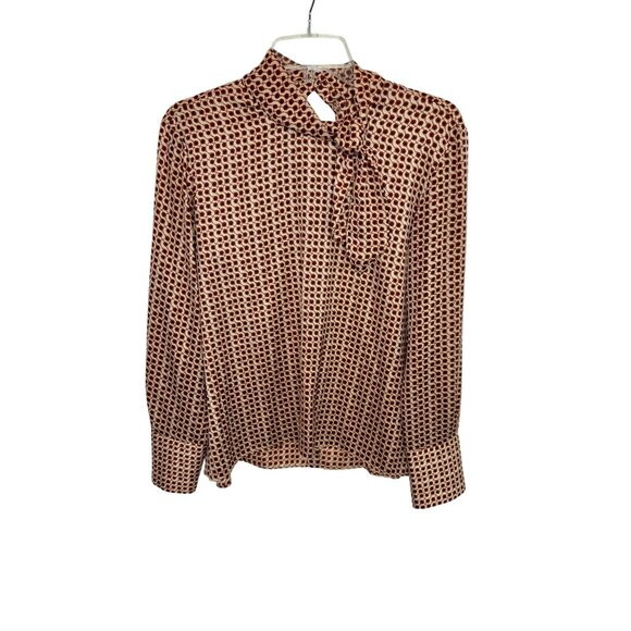Zara Woman Geometric Print Red cream Tie-Neck Blouse - Size S - Picture 1 of 5